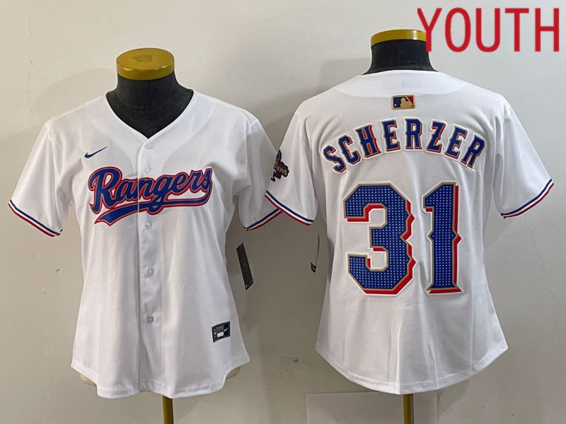 Youth Texas Rangers #31 Scherzer White Champion Game Nike 2024 MLB Jersey style 1